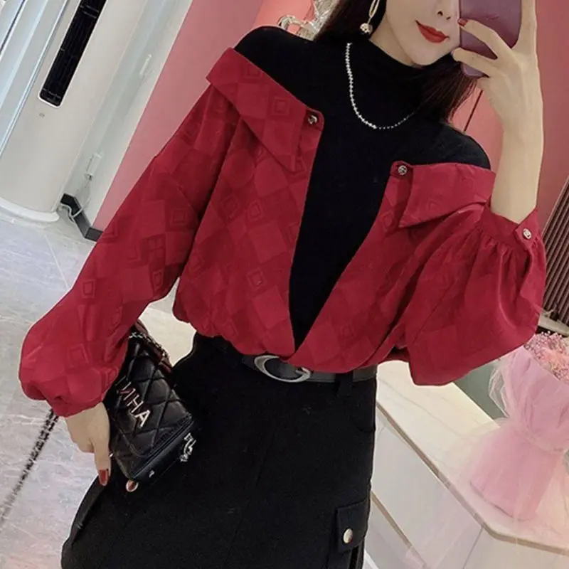 Fashion Fake Two Pieces Spliced Blouse Female Clothing Korean Half High Collar Loose Spring Autumn Commute Plaid Printed Shirt