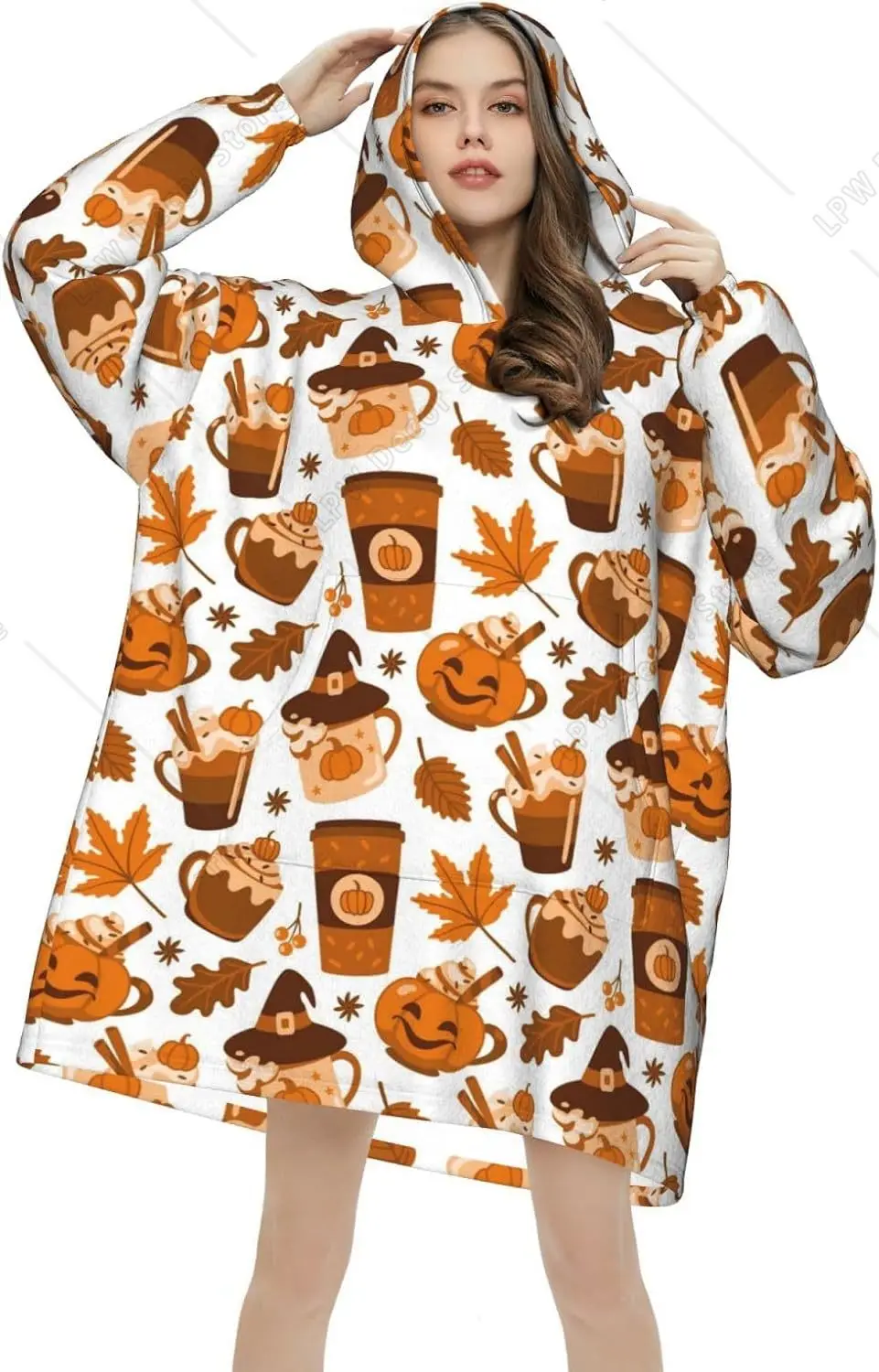 Oversized Fall Pumpkin Spice Coffee Wearable Blanket Hoodie for Adults Flannel Hooded Blanket Sweatshirt Soft Warm With Pockets