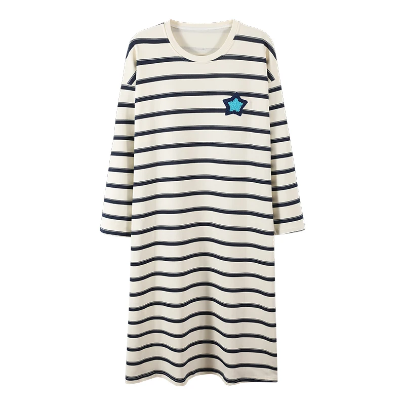 

High Quality Women 100% Cotton Nightdress Female Striped Sleepdress With Chest Pad