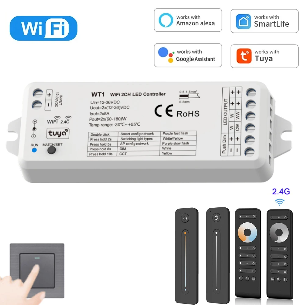 TUYA WiFi RF 2CH LED Controller DC 12V 24V Smart Dimmer With Push Dimming 4 Zone 2.4G Remote Controller for WW CW CCT LED strip