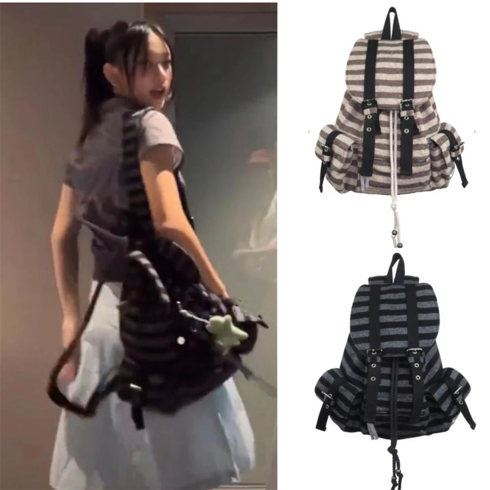 

Kpop Girls Group Merch MINJI Spicy Girl Backpack Y2k Striped Functional Grid Pattern Backpack Large Capacity Student Backpack