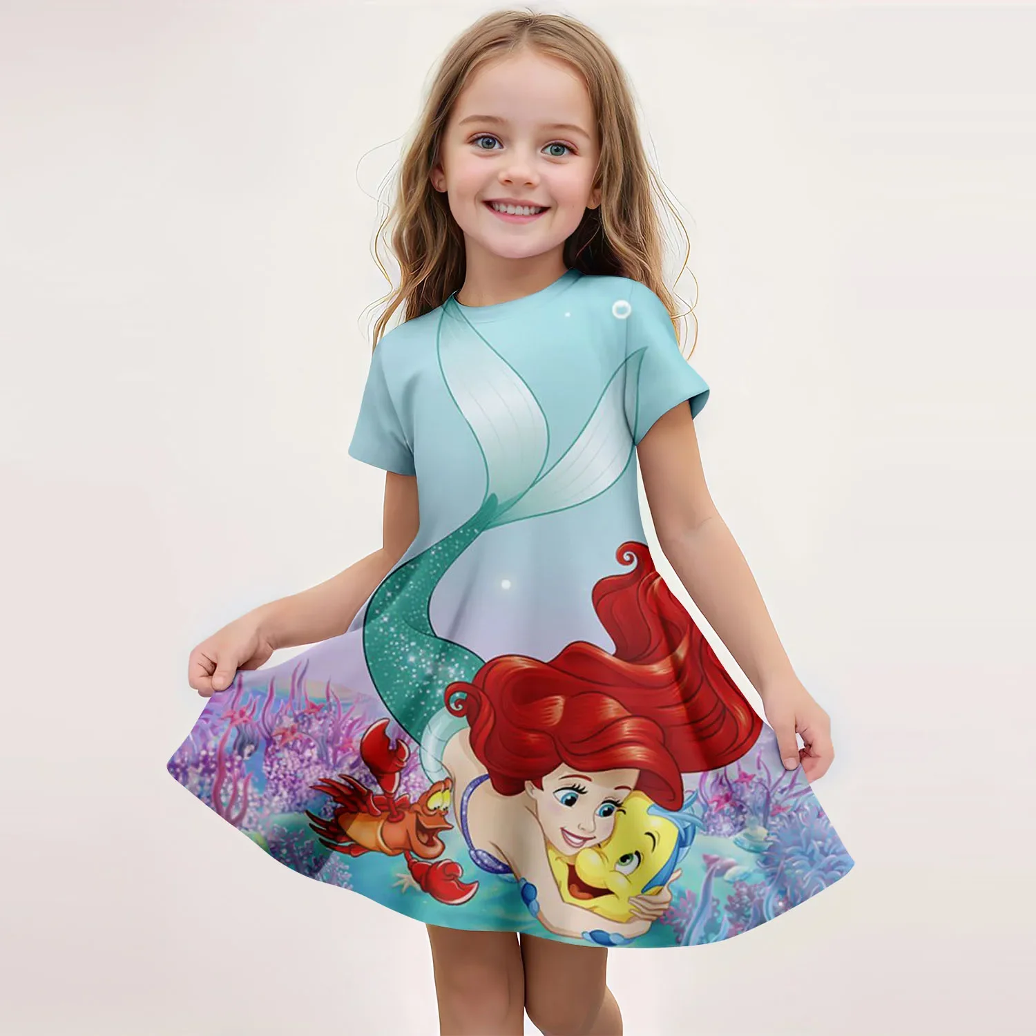 Kids 3d Printed Dress Girls Summer Clothing Cartoon Cute Mermaid Pattern Short Sleeved Skirt Comfortable and Soft