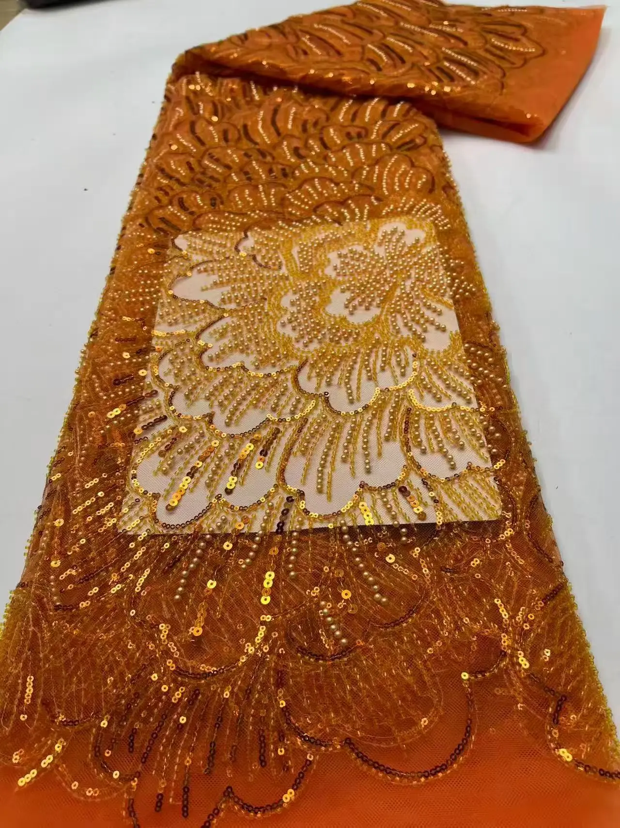 

African Beaded Lace Fabric 2026 Premium Quality Bright Red Nigerian Sequined Lace Fabric Wedding Gown Sewing Material 5 Yards