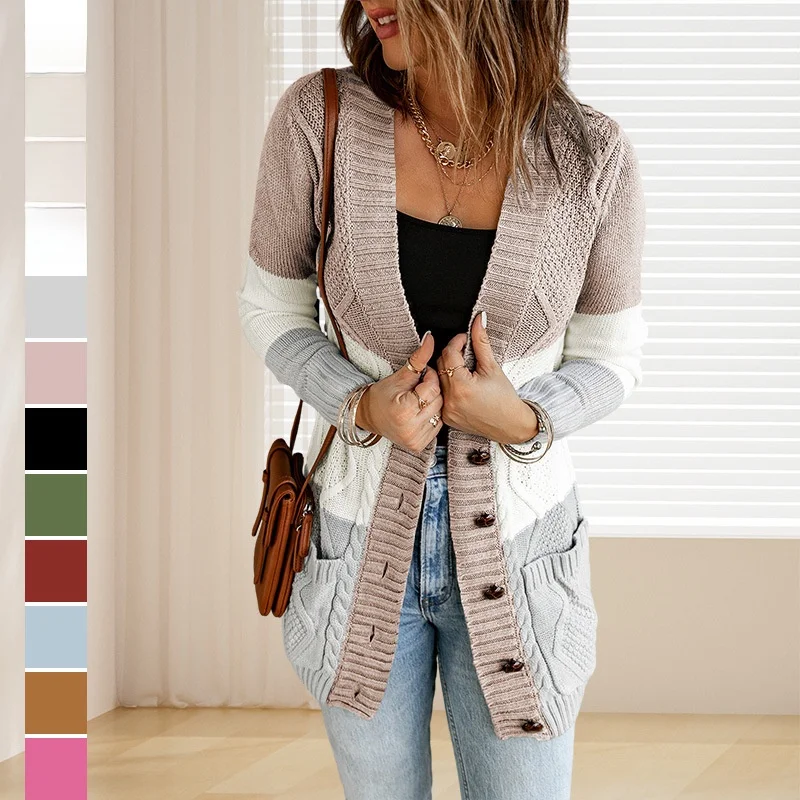 

Women's Knitted Cardigan Sweater with Buttons And Pockets European And American Style Autumn New Long Twist Coat Top
