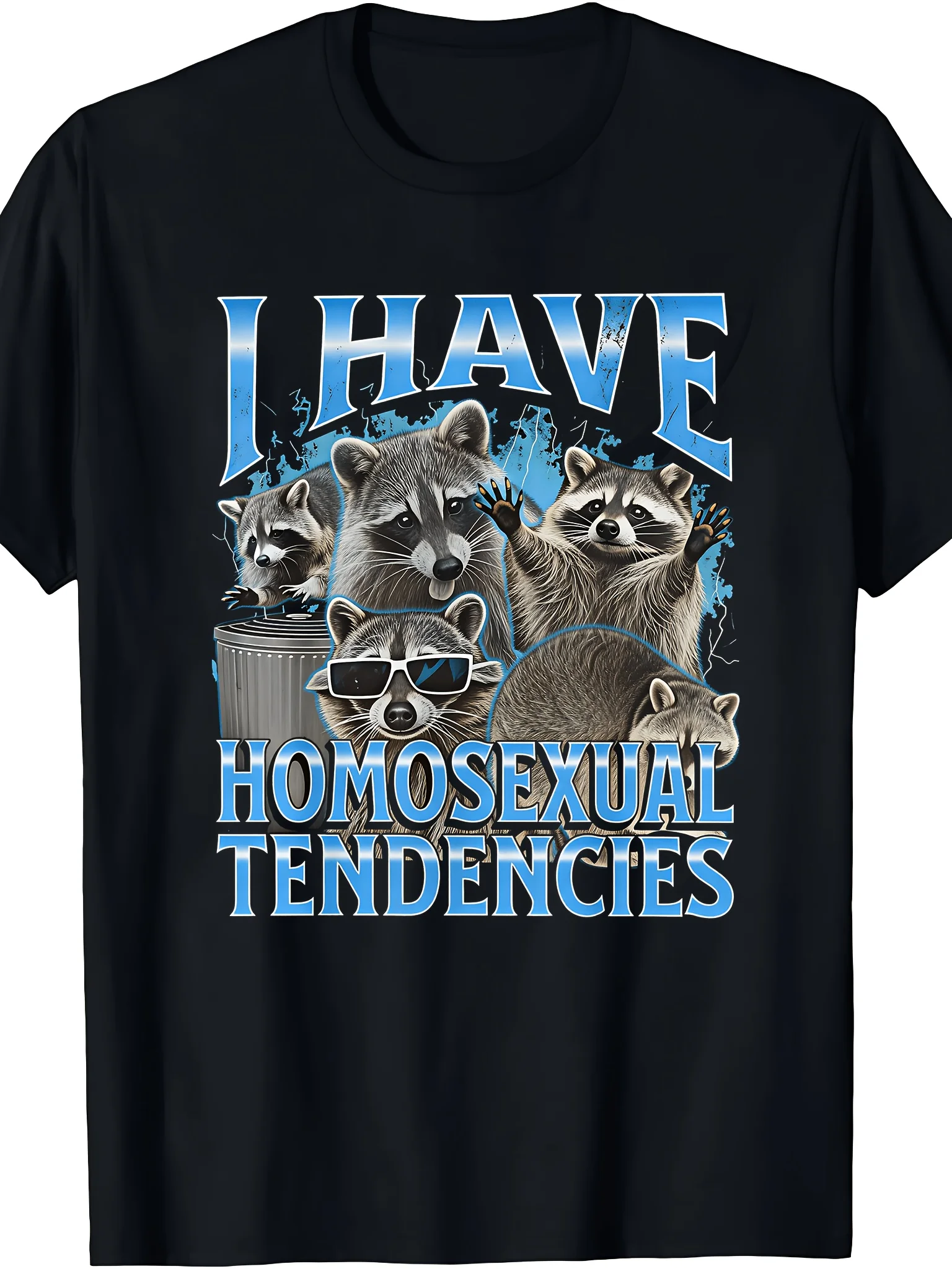 Funny LGBTQ Pride T-Shirt I Have Homosexual Tendencies Bold Blue Text Raccoons Graphic Tee Soft 100% Cotton Unisex Shirt for Men