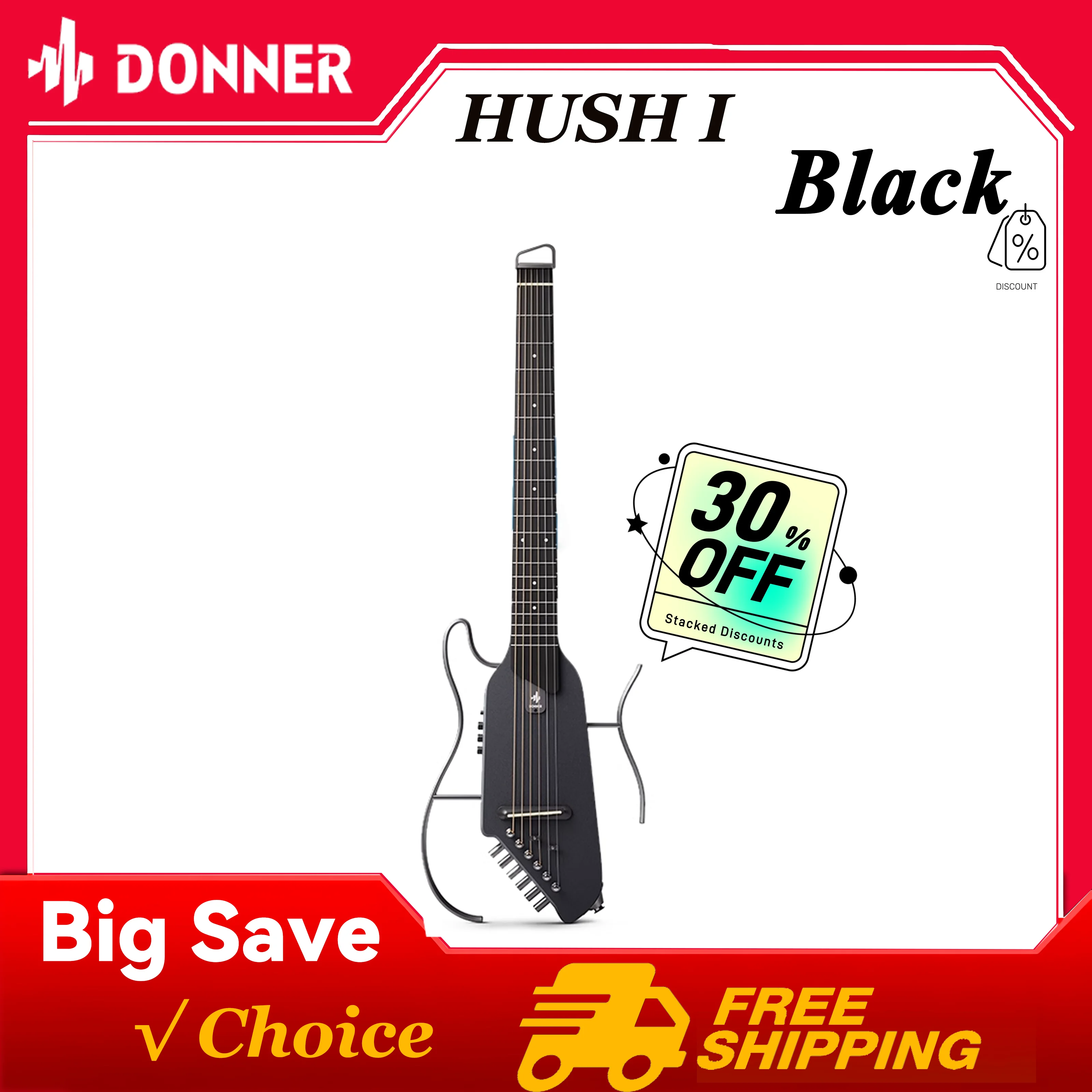 جيتار Donner HUSH I Silent Travel - خفيف للغاية بدون رأس صوتي كهربائي، جسم خشب القيقب، إطارات وإكسسوارات قابلة للإزالة، أسود