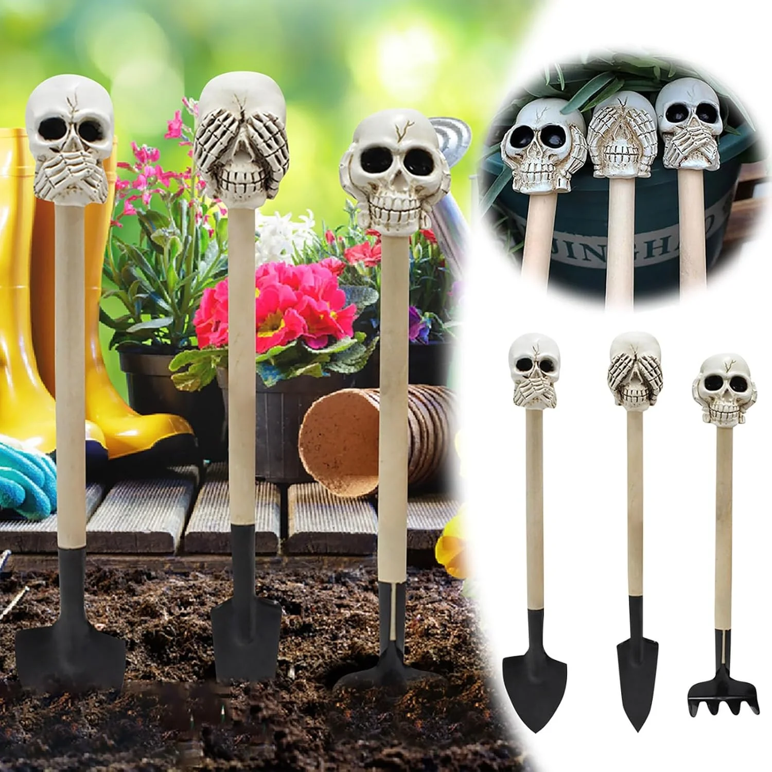 Piece Gardening Tool Set with Decorative Skull, Gardening Wide Shovel, Narrow Shovel, Rake for Seedlings, Plants, Greenhouse and