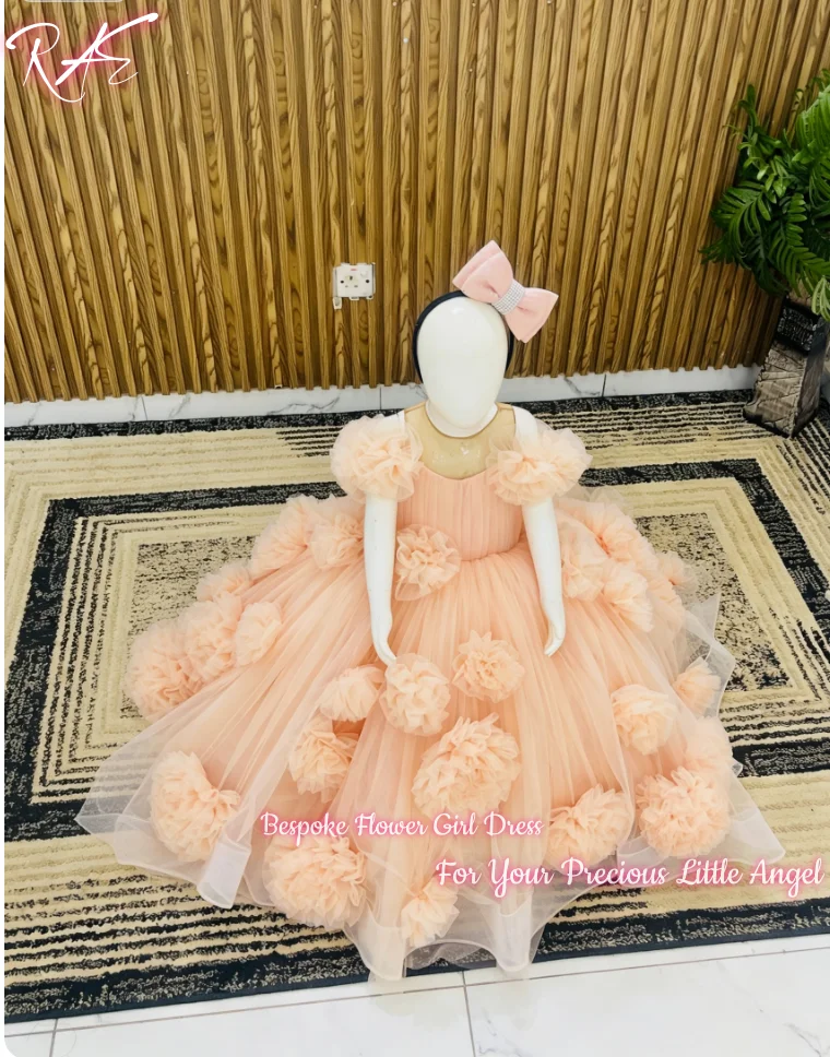 Charming Peach Flower Girl Dress For Wedding Birthday Pageant A Line Floor Length Puffy Tulle Flower Applique Gowns Customized