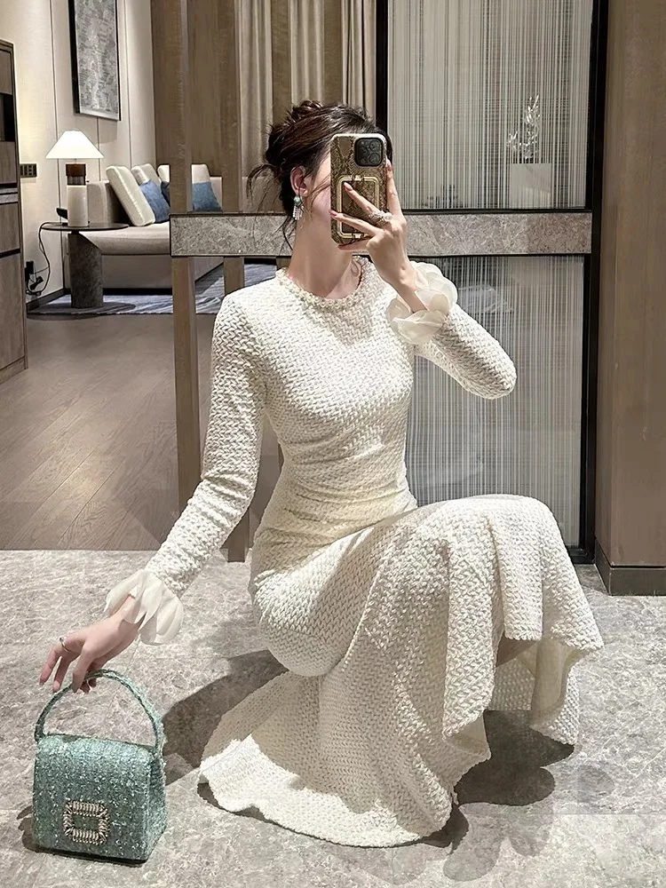 Vestiti delle donne Bianco Perla O-Collo Sottile Midi Abito a coda di pesce Elegante Lady Fashion Party Prom Abiti Robe Occasioni formali Casual