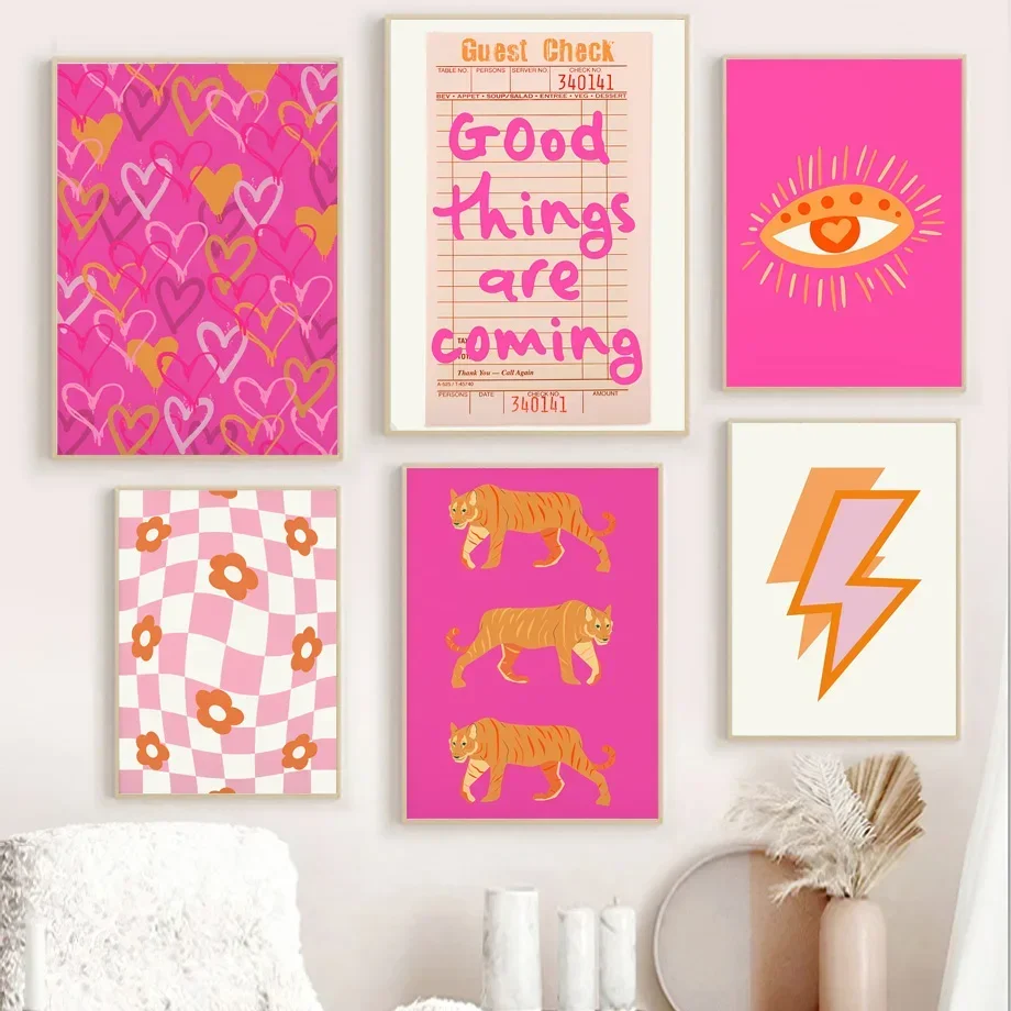 Pink Orange Preppy Wall Art Mural Motivational Quotes Canvas Painting Tiger pink orange Poster Print Pictures Living Room Dec