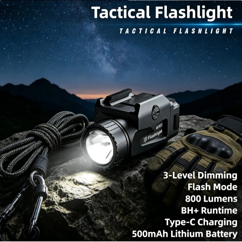 

TINSOL 800LM Powerful Tactical Light, 4 Mode USB Rechargeable Lamp, Quick Release Fit Handgun Picatinny Rail Outdoor Use