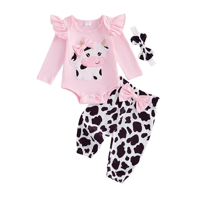 Baby Girl Boy Western Clothes Cow Print Ruffle Romper and Pants with Headband Newborn Cowgirl Outfit