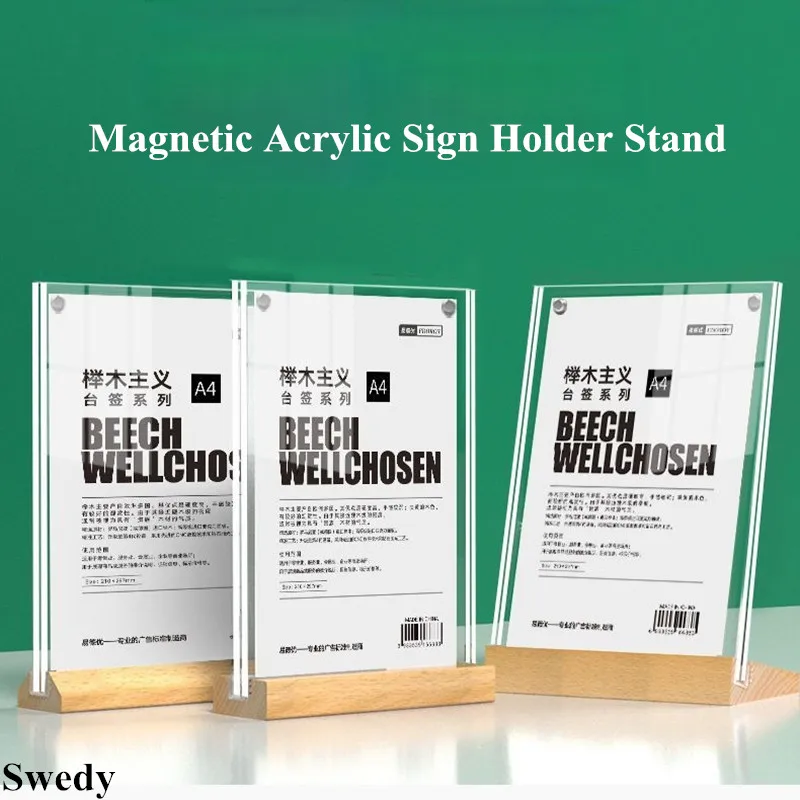 A5 148x210mm Double Magnetic Acrylic Sign Sign Holder Table Number Place Card Holder Wood Menu Holder Display Stand