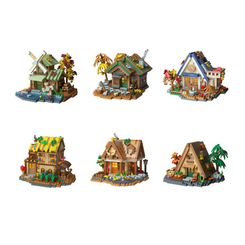 クリエイティブシティストリートビュー森の家ミニブロックキャビンヴィラ街並み建設キットビルディングレンガのおもちゃライト付き