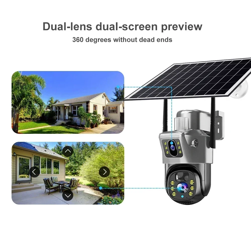 4K 8MP Solar Camera Outdoor Battery 4G IP Cam Dual Lens Security-Protection PIR Auto Tracking Wireless Surveillance CCTV