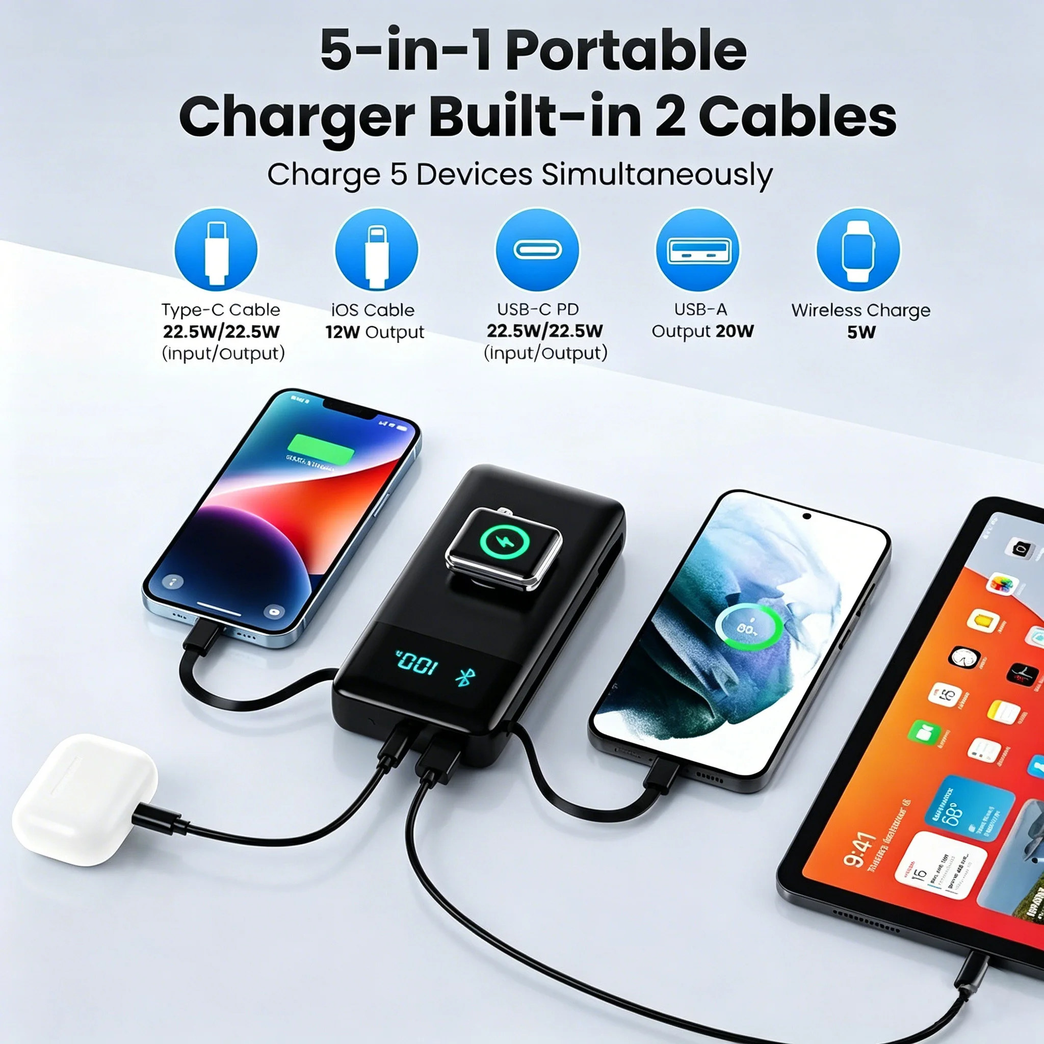 10800mAh Fast Charging Power Bank with Built-in USB-C Cable 22.5W Portable Charger for iPhone 16/15/14 pro Max Samsung Galaxy S25/S24 Ultra iPad with Apple Watch Wireless Charging Feature view 3