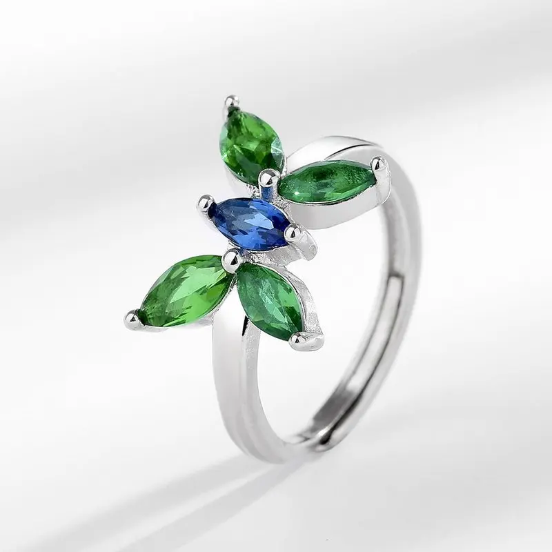 Korean-style mid-range micro-set colored zirconia butterfly 925 sterling silver ring with open design - finger ring - jewelry