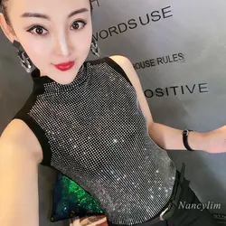 Sexy Tank Top Women's Outer Wear Half-Turtle-Neck Heavy Industry Rhinestone Fashion Sleeveless Shirt Top Ropa Mujer Tops 2023