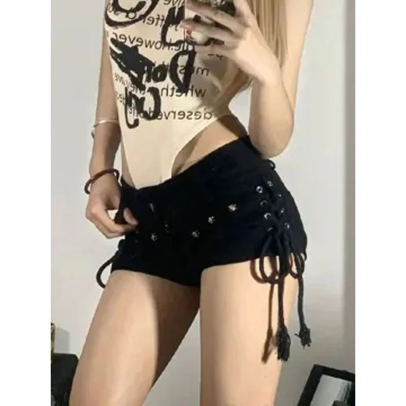 Retro Denim Shorts Tight Fit Bandage Design Spicy Girl High Waist Nine Points Pants Summer Commute Style Straight Leg