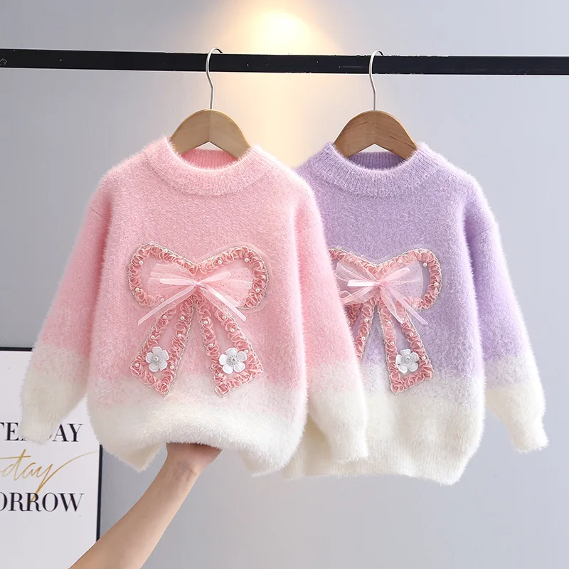 

Teens Girls Top Winter Kids Warm Thicken Sweater Children Long Sleeve Flower Bowtie Bottom Shirt Ribbons Casual Clothing IY07301