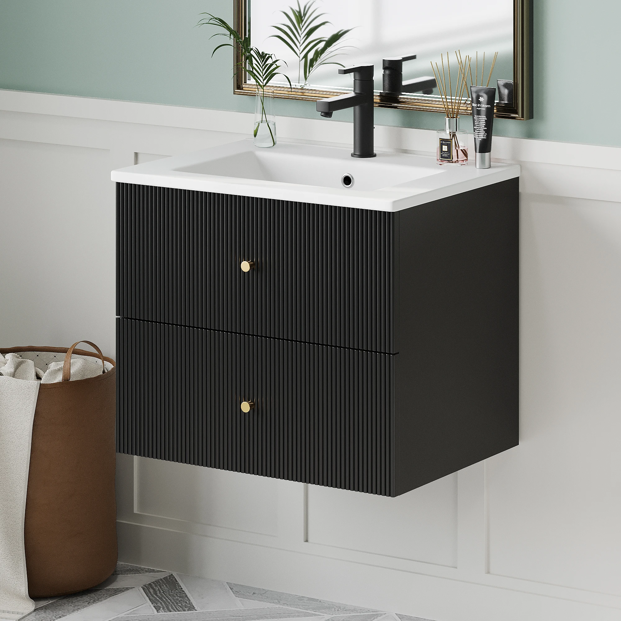 24 Inches Wall Mounted Bathroom Vanity, Floating Storage Vanity with Ceramic Integrated Sink and Two Drawers, Black