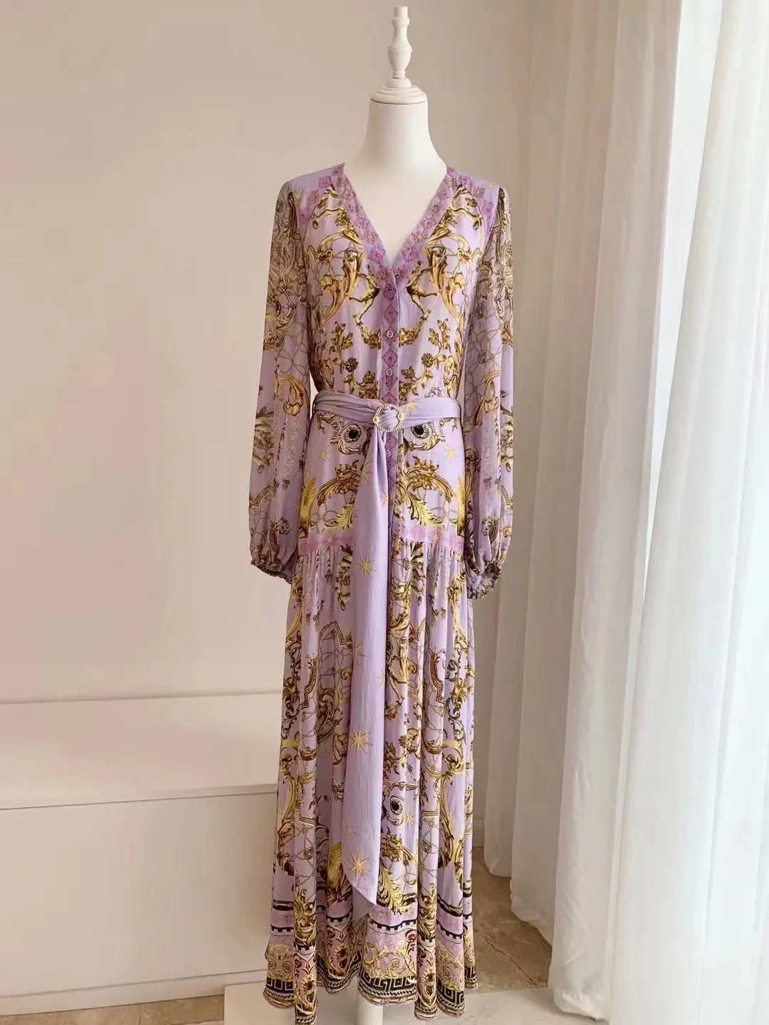 Women's 100% Silk Long Dress Flower Printed Single Breasted V-Neck Long Sleeve Holiday Autumn 2024 Robe