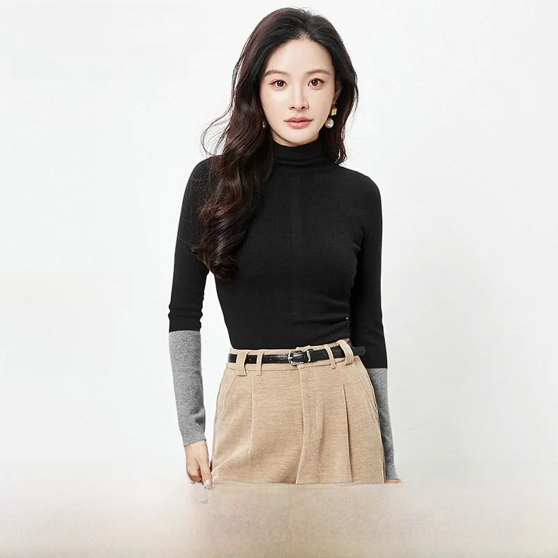 

High Elasticity Long Sleeve Color Block Base Layer Sweater Women Winter Casual Style Slim Fit Half High Collar Knitted Top