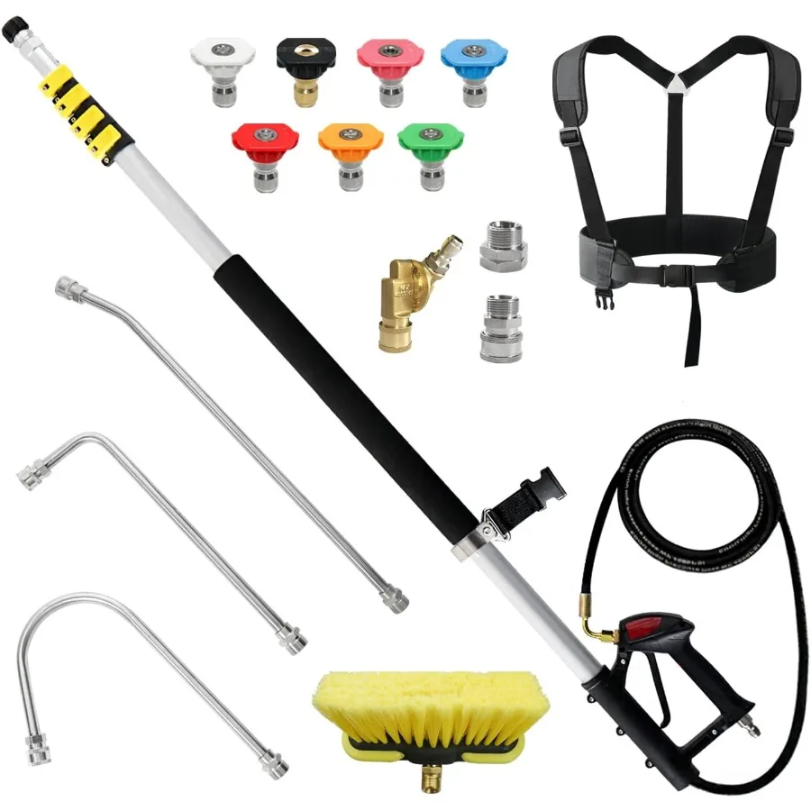 

24 FT Aluminum Telescoping Pressure Washer Wand with 2 Extension Wands Gutter Cleaner Attachment 7 Spray Nozzles 2 Hose Adapter