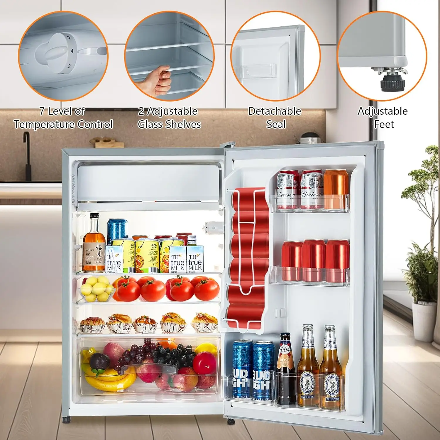 ตู้เย็นขนาดเล็กพร้อมช่องแช่แข็งตู้เย็นจิ๋วขนาด4.3ฟุตตู้เย็นขนาดเล็กประตูเดียวพร้อมเทอร์โมสตัทปรับได้7ระดับ