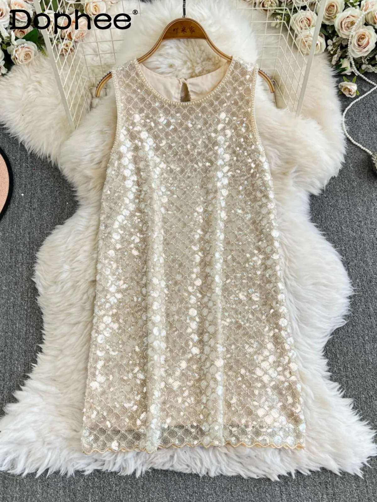 

Fashion Heavy Industry Beaded Sequined Vest Dress Temperament Lady 2025 Spring Summer Crew Neck Versatile Women's Dress