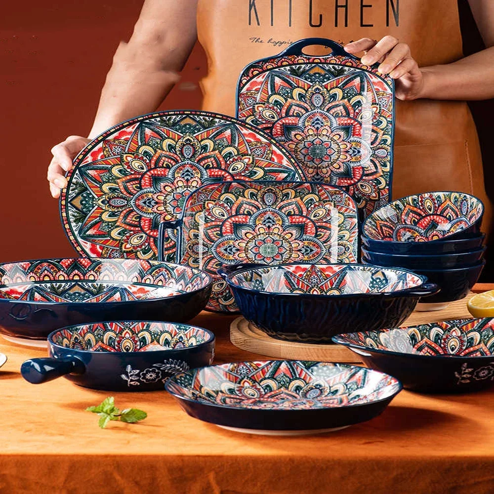 Bohemian Ceramic Dinnerware Set Floral Design Dinner Set Plates and Dishes Restaurant Tableware Plate Bowl Dish Soup Bowl