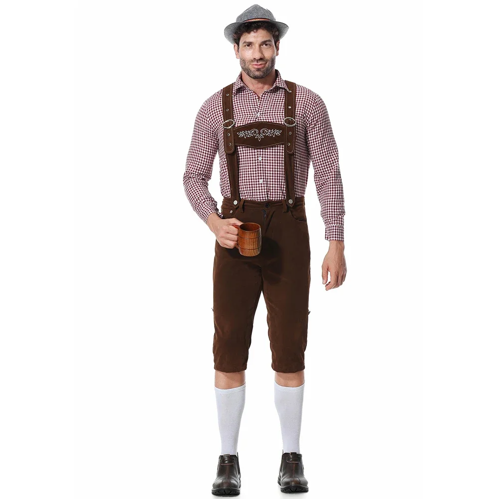 Herren Bayerisches Oktoberfest Lederhosen Kostüm Deutsches Bierfest Hosenträger Strampler Hemd Hut Set Halloween Cosplay Kostüme – Detail 6