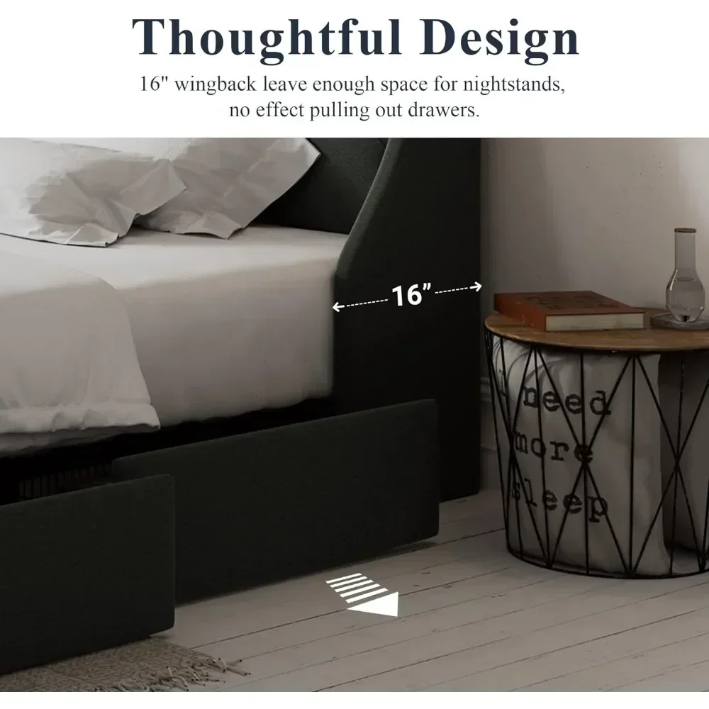 Queen Bed Frame with 4 Storage Drawers and Wingback Headboard, Button Tufted Design, No Box Spring Needed