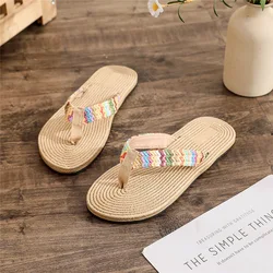 Sandalias tejidas de hierba sintética para Mujer, Zapatos planos a la moda, sandalias de playa informales, chanclas deslizantes de verano