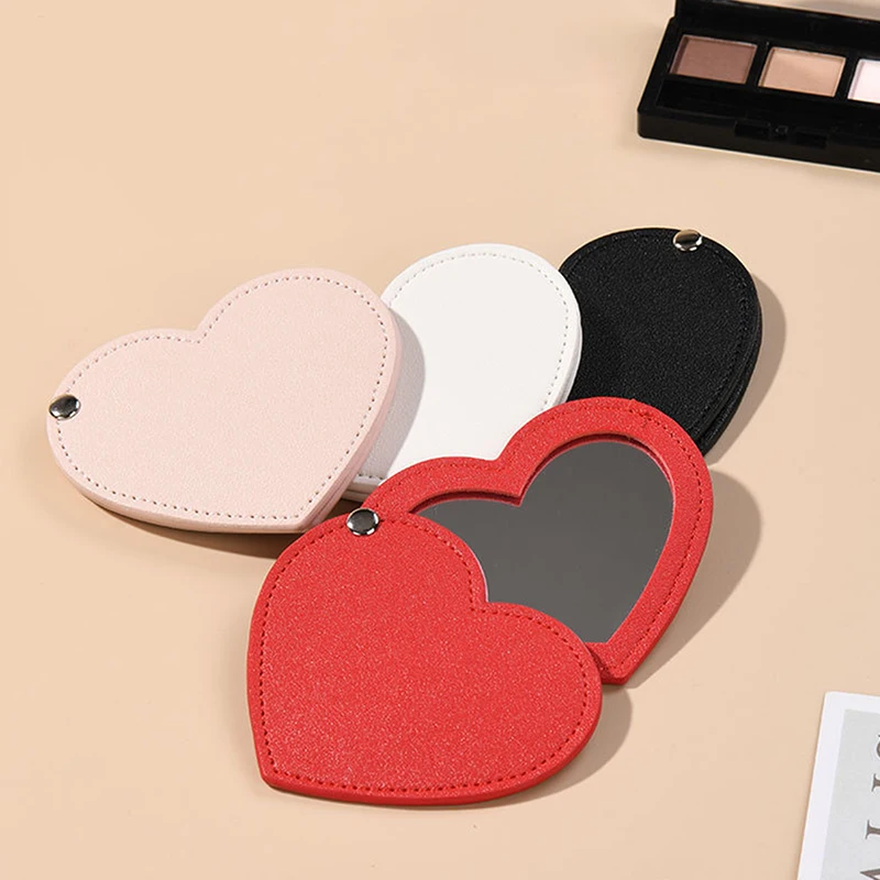 Mini Heart Makeup Mirror Portable PU Cosmetic Mirror Folding Pocket Compact Mirror Travel Accessories