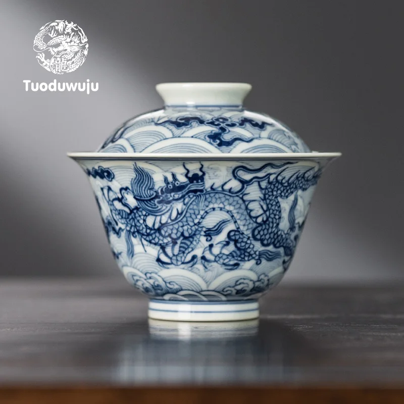 Jingdezhen-Blue and White Dragon Teng Lid Bowl, Ceramic Hand-painted Lid Bowl, Tea Cup, Chinese Tea Set, XH190