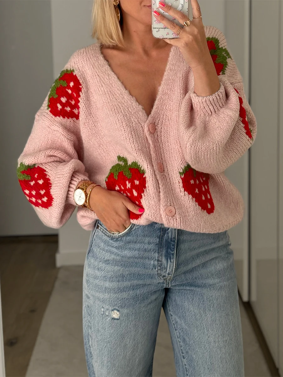 Women Knit Cardigan Long Sleeve Strawberry Button Closure Fall Casual Jacket Sweater