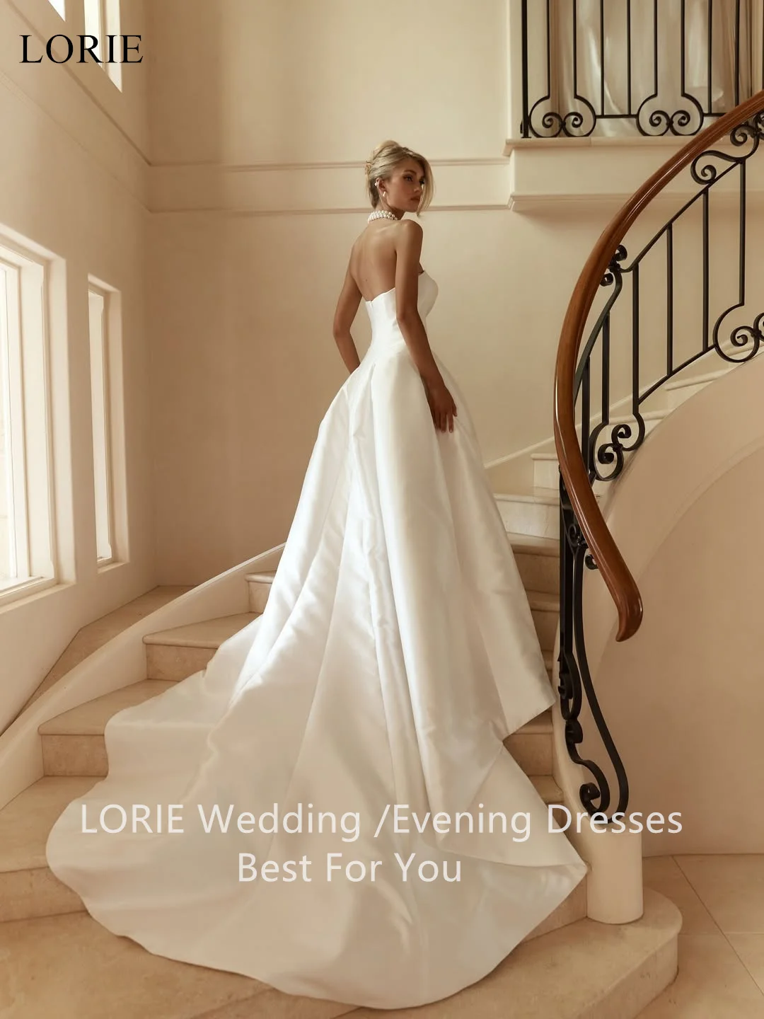 LORIE Abiti da sposa eleganti senza spalline in raso A-Line senza maniche Abito da ballo da sposa Abiti da sposa pieghettati avorio personalizzati