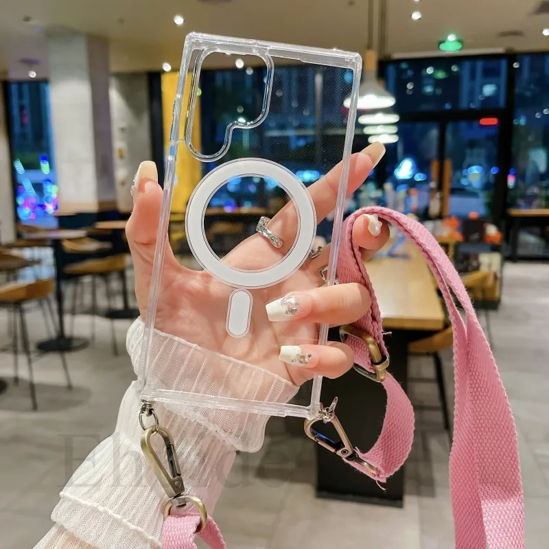 Durable Strap Case For Samsung Galaxy S26 Ultra S25 FE S23 S24 Plus A17 Magnetic Crossbody Lanyard Cord Rope Transparent Cover
