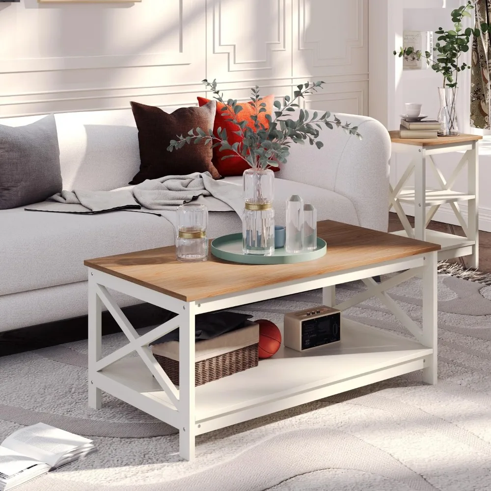 

Farmhouse Coffee Table with Open Storage Shelf, 2-Tier Wood Center Table for Living Room, Sturdy X Shaped Rectangle Modern Cock