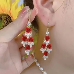 New Fashion Red Rose Flower Earrings for Women Shiny Rhinestone Long Tassel Zircon Dangle Earring Wedding Party Jewelry Gifts