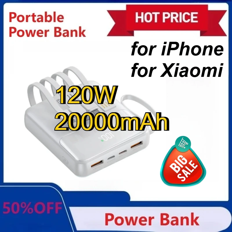 

Portable Power Bank 120W 20000mAh Super Fast Charging Mobile External Battery With Four Cable Charger for iPhone for Xiaomi