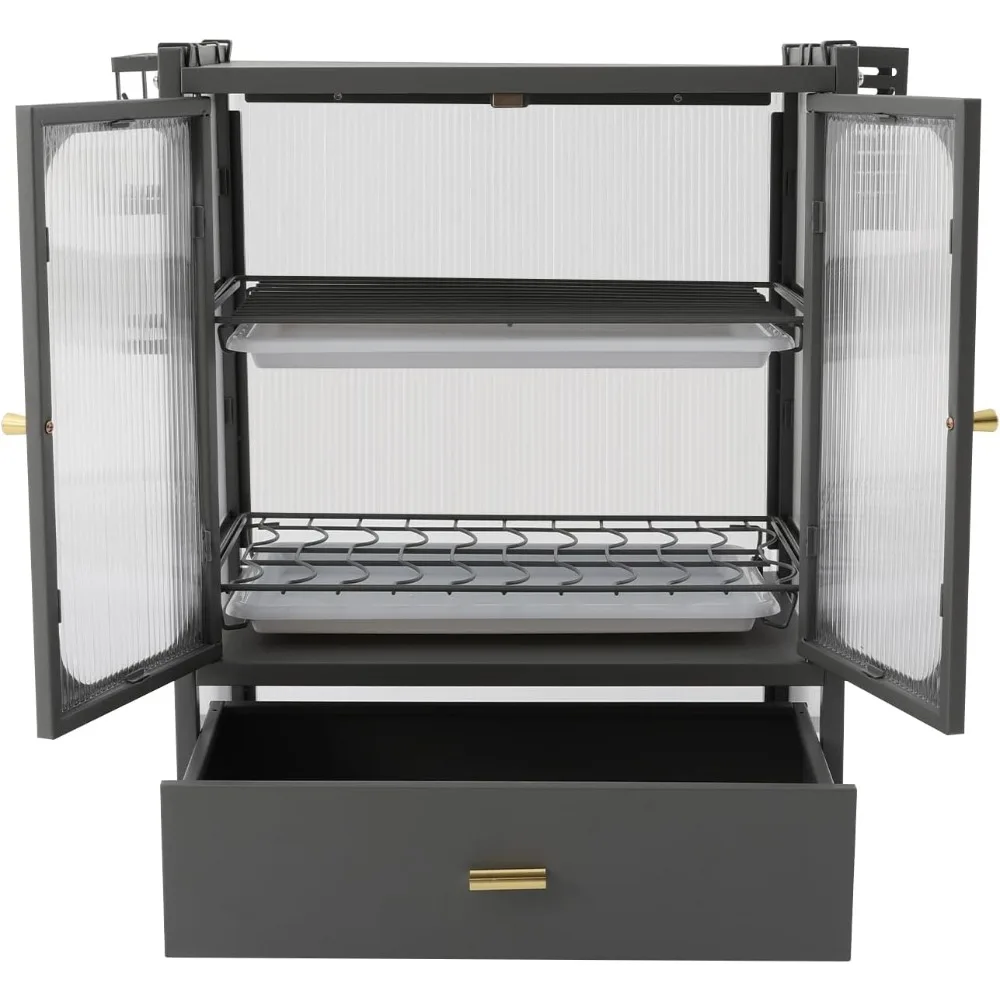 สีเทา 3 ชั้นเหล็กจานแห้งสําหรับเคาน์เตอร์ครัว,Drainer Rack เคาน์เตอร์ครัวผู้ถือภาชนะ W/ลิ้นชักจานตู้