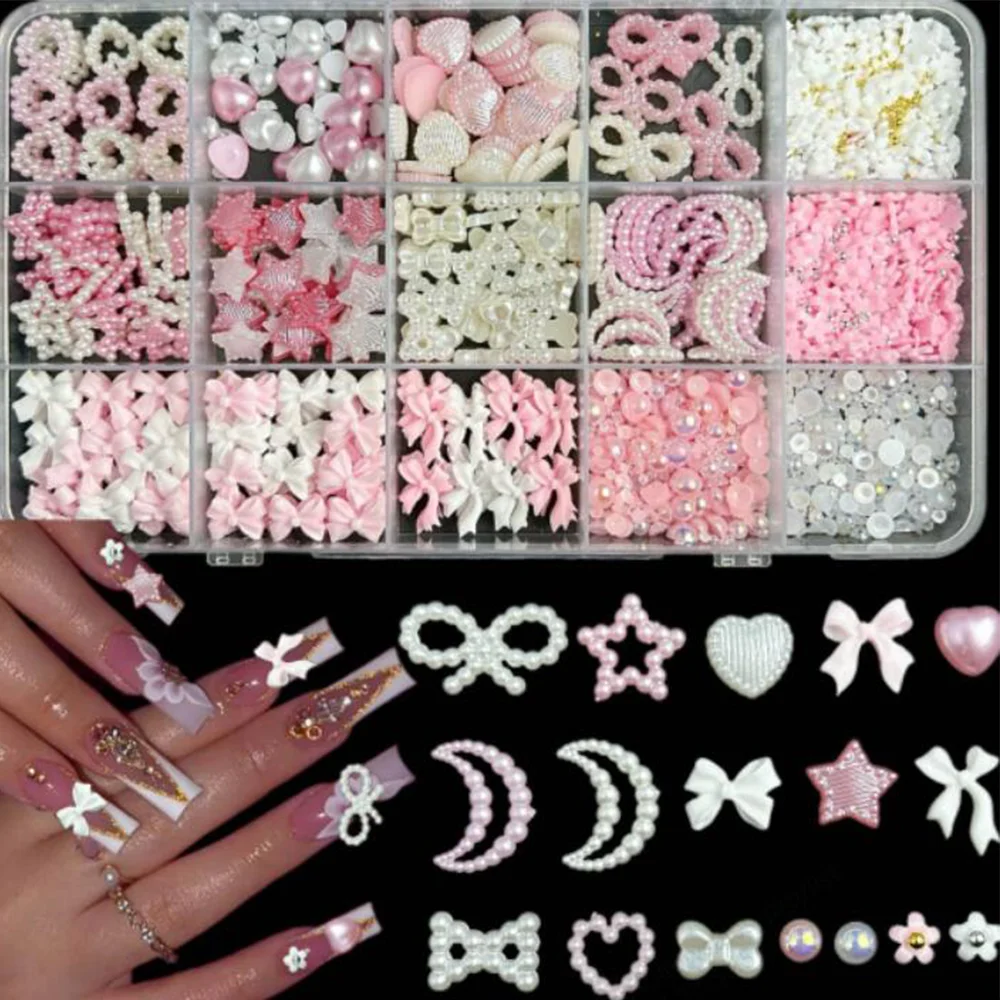 1Box Mix Pearl Bowknot/Star/Moon Nail Charms Resin Ribbon/Flower Y2K Nail Art Decoration Simulated Pearls for DIY Nail Accessory