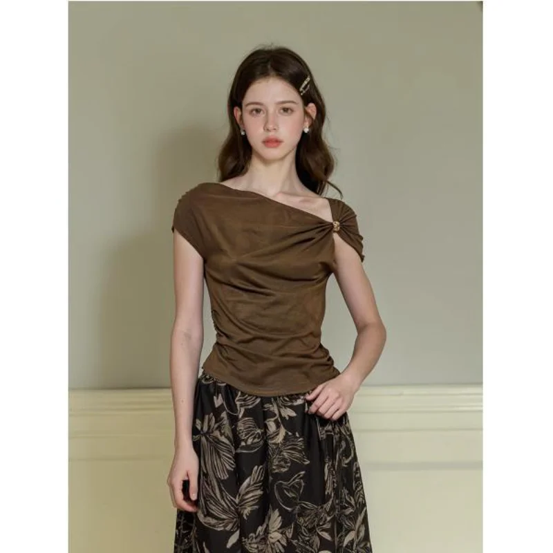 

Casual American Brown Irregular Design T-irt Slim Fit Asymmetrical Collar Overhead Winter New Sle Women's Faion Top