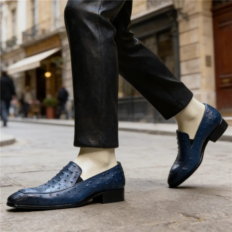 Luxury Ostrich Pattern Leather Loafers for Men Handcrafted Square Toe Slip-On Dress Shoes Formal Business Footwear