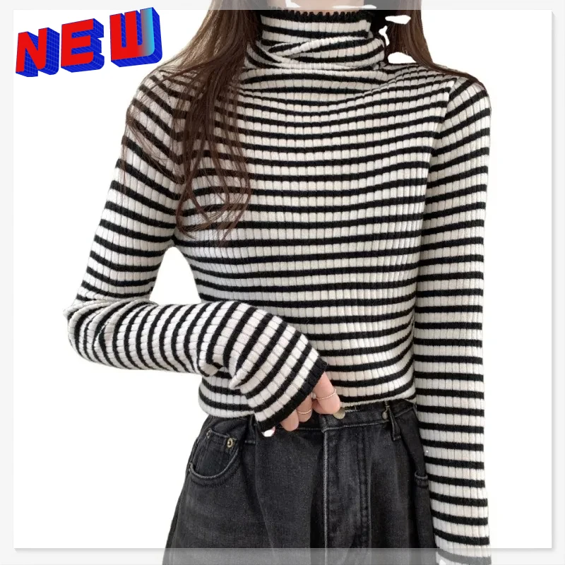 Knitted Bottoming Shirt Women's Striped Bottom Shirt Autumn and Winter Thickened Cotton Warm Knit Shirt High Neck Slim