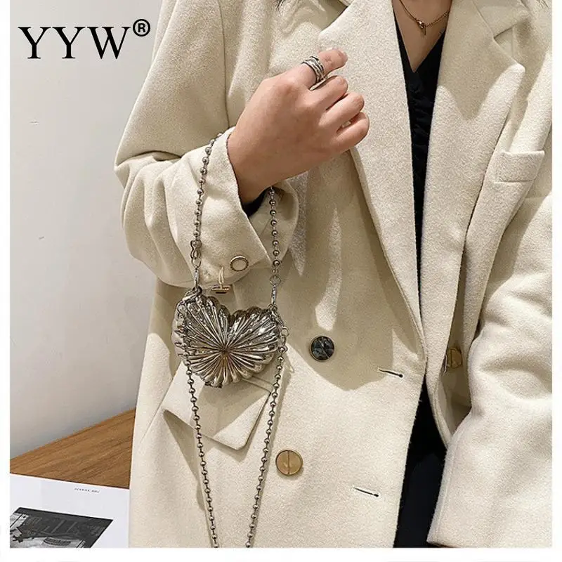 Silver Elegant Sling Handbag Female Shoulder Crossbody Bag Iron Mini Evening Bags Heart Pattern Clutch Wallets Prom Luxury Purse