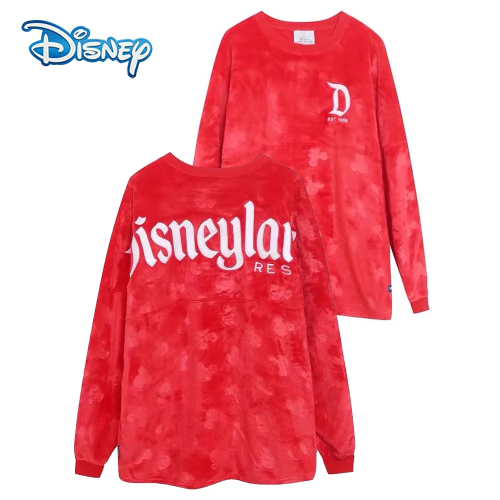 Disney Women Couple Disneyland Letter Hoodies Sweatshirt Unisex Castle 2025 Casual Red Loose O-Neck Long Sleeves Velvet Jumper