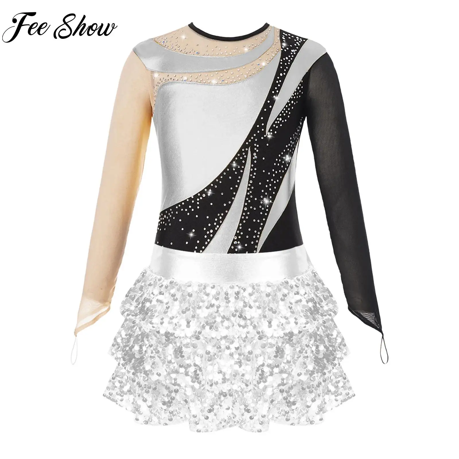 

2Pcs Kids Girls Figure Skating Jumpsuit Outfit Ballet Gymnastics Dancewear Long Sleeve Athletic Leotard+Sequins Skirted Shorts